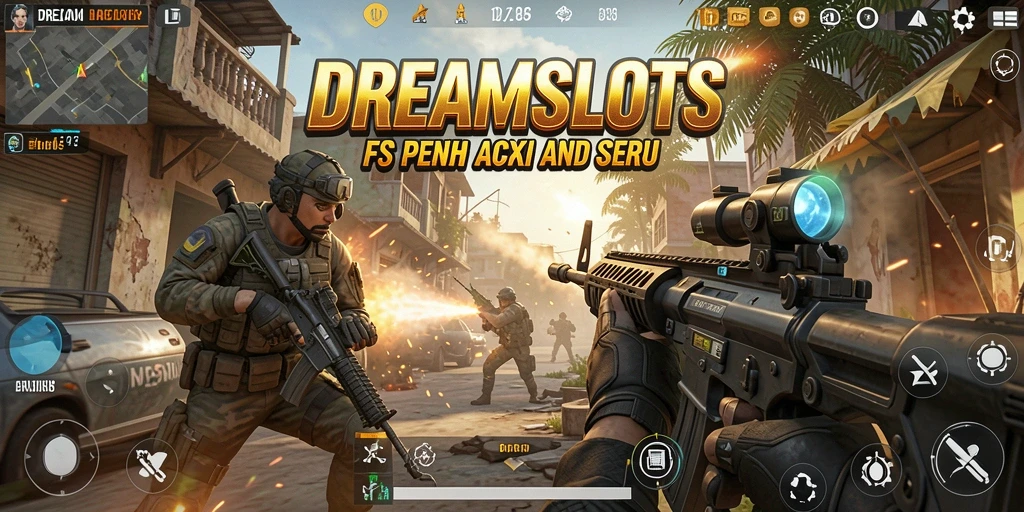 Tampilan gameplay DREAMSLOTS yang menegangkan dalam pertempuran FPS.